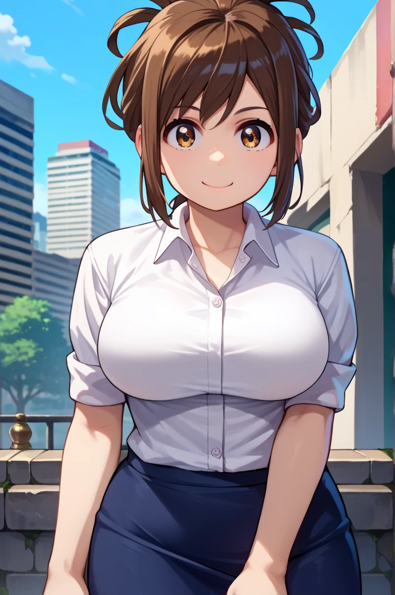 score_9, score_8_up, score_7_up, score_6_up,  source_Anime,  1 girl, Solo nKana  ,  brown hair ,   folding ponytail,  short hair,  brown eyes,  colored shirt , sleeves rolled up,  clevis on a stone,  white shirt,  black skirt, Brown pantyhose,  Big Breasts, , smile, looking at you, upper body,  blue sky, city, Thighs