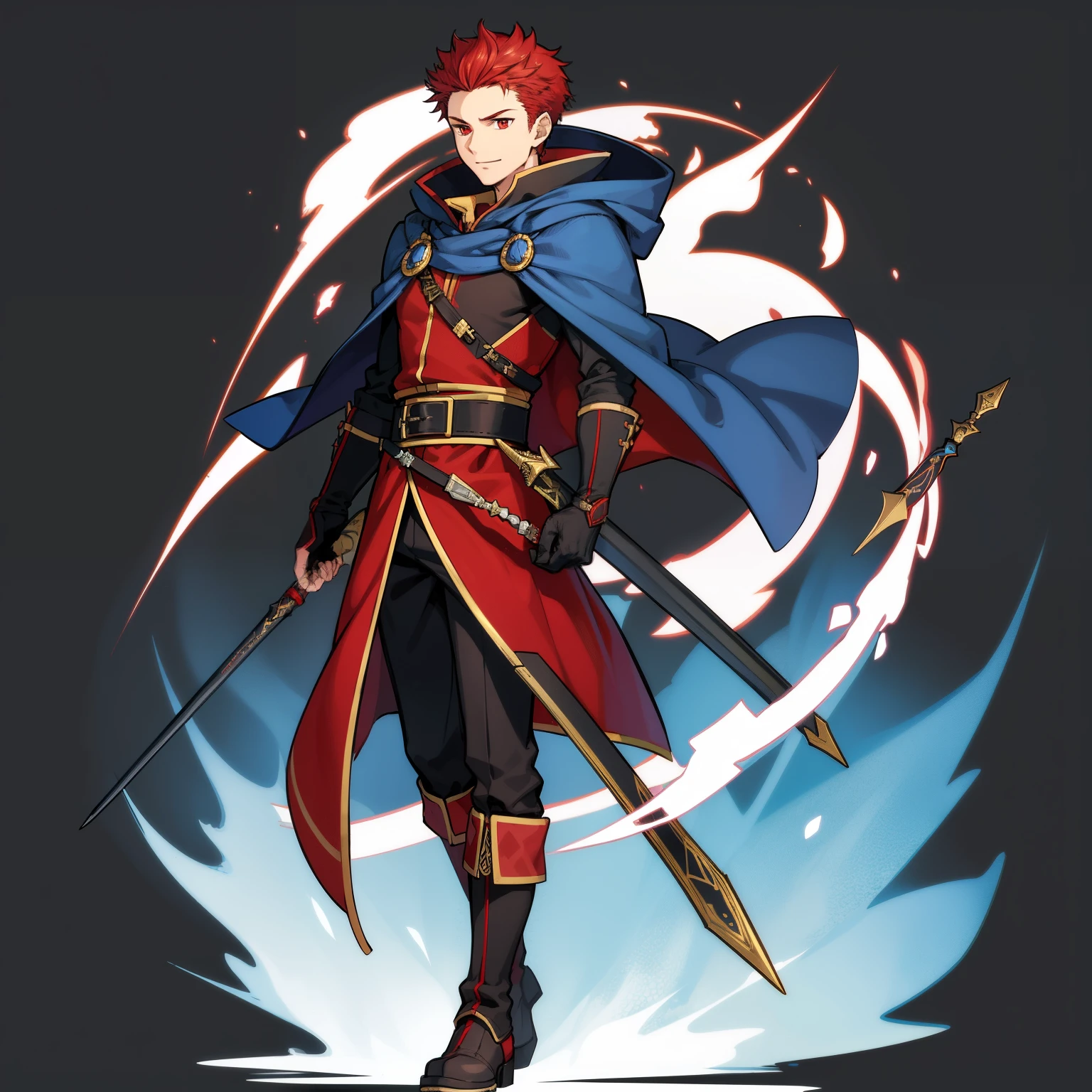 (high-quality, breathtaking),(expressive eyes, perfect face) 1male, boy , solo, young adult, short hair length, fluffy spiked hair, red hair, red eyes, sky blue hooded cape, hood up, grey background, symmetrical eyes, full body, portrait, symmetrical body, centred composition, gloves, boots, fantasy attire, mage profession, wizard, fire emblem, smile, positive expression, blue and white robe, black under shirt, black baggy pants, kind face, simple background
