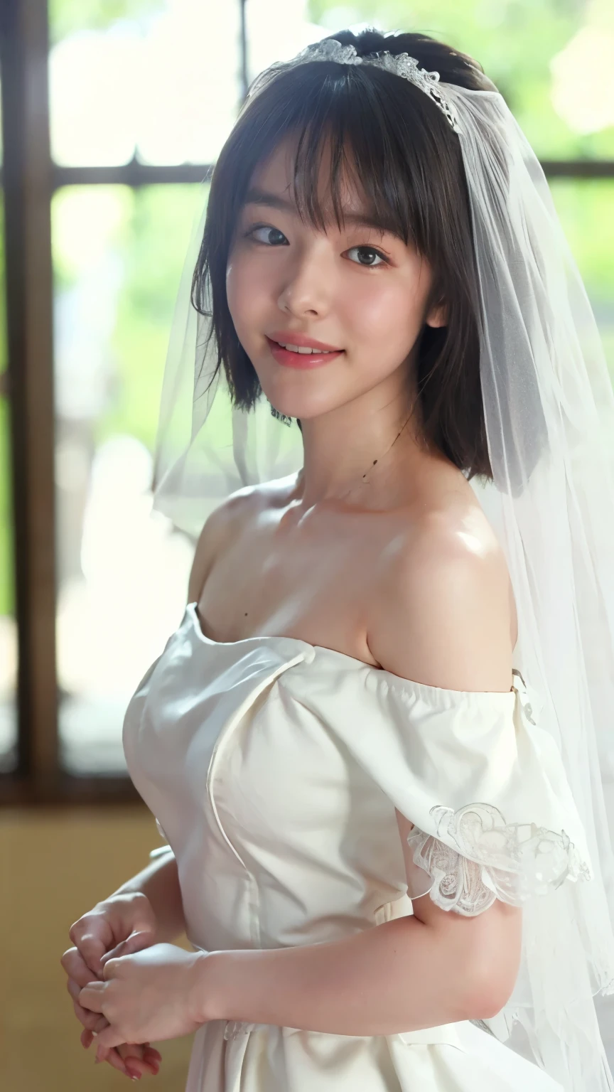 (8k、RAW Photos、Highest quality、masterpiece:1.2)、(Realistic、Realistic)、1 girl、((off-the-shoulder wedding dresses、Veil、Chapel、Short Bob、View from the front、smile、Looking at the camera 、smile、stand))、cute、Large Breasts