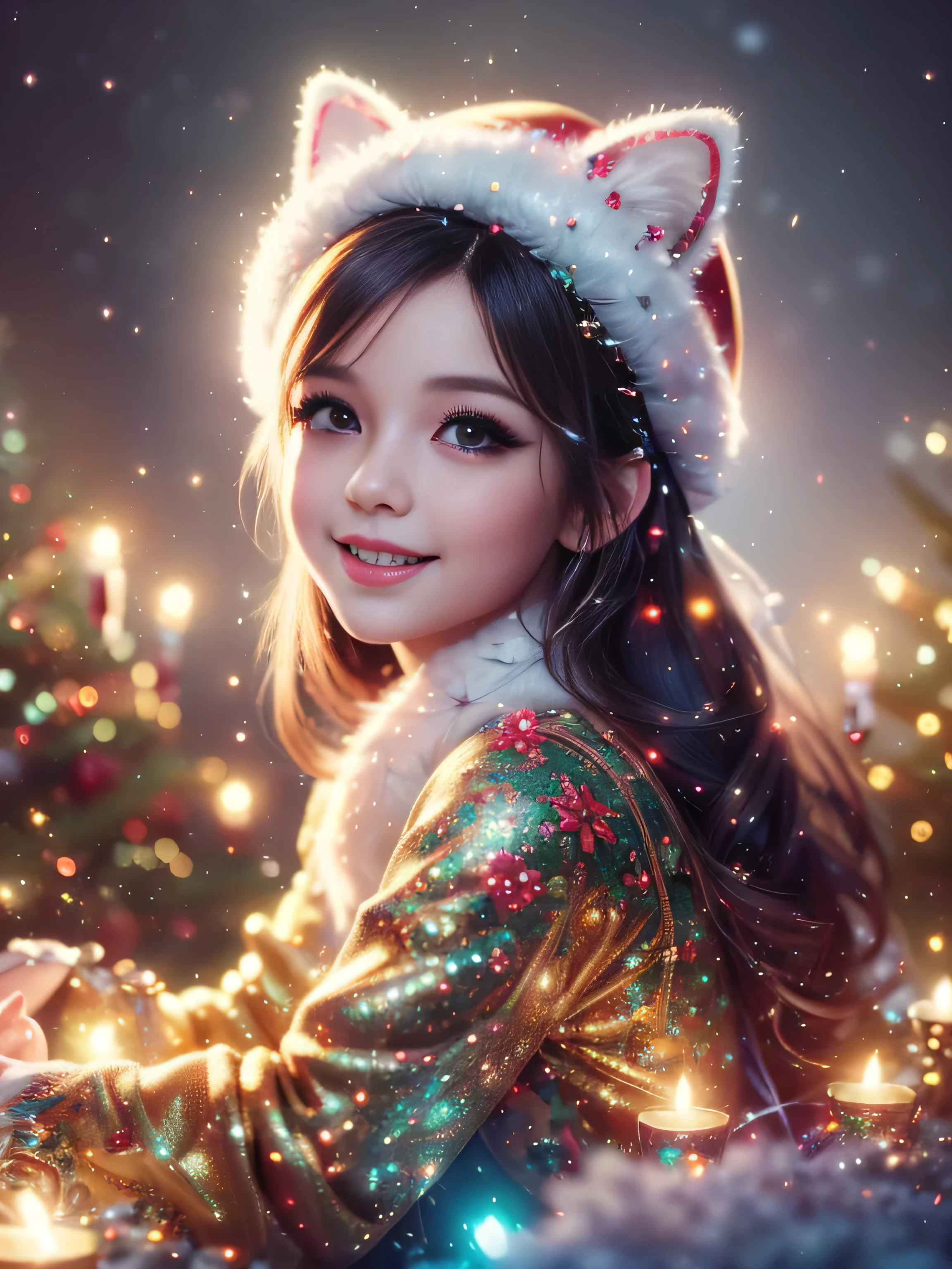 (Best Quality, Super Detail, Masterpiece, Representative Work, Official Art, Professional, Super High Detail, 8k:1.3), (Full Body) Cute girl in fantasy Christmas outfit, face wearing cat ear hat, Beautiful detailed eyes, Beautiful detailed lips, Demonic smile, detailed eyes and face, long eyelashes, Vibrant colors, Red hair, Innocent expressions, Playful features, Intricate Christmas decorations, Glowing garlands, Sparkling ornaments, Natural Lighting, Soft Background, Photorealistic, Shining eyes, Sharp focus, Glowing skin, Cute and mischievous look, Hint of mischief, Dreamy atmosphere, Delicate details, soft volumetric light, (Backlight:1.3), (Cinematic:1.2), Intricate details, (ArtStation:1.3)