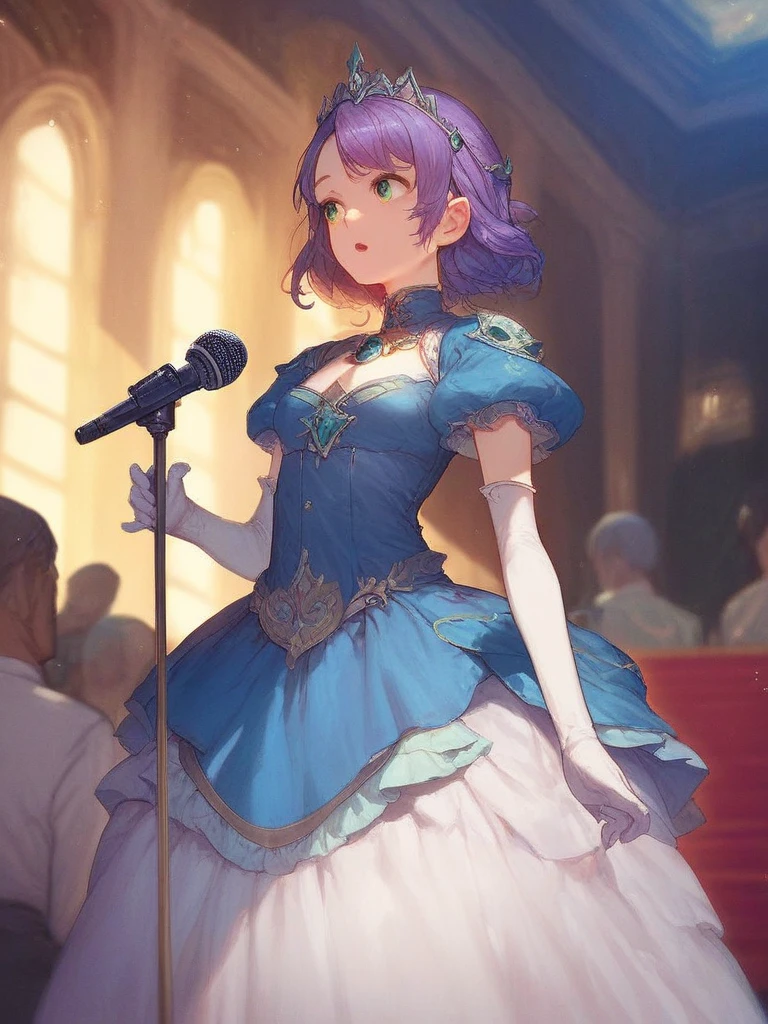 masterpiece, best quality, 1girl, feena fam earthlight, Purple hair, green eyes, tiara, brooch, blue dress, white skirt, elbow gloves, standing, podium, speaking, indoors, public, looking ahead, microphone, open mouth,