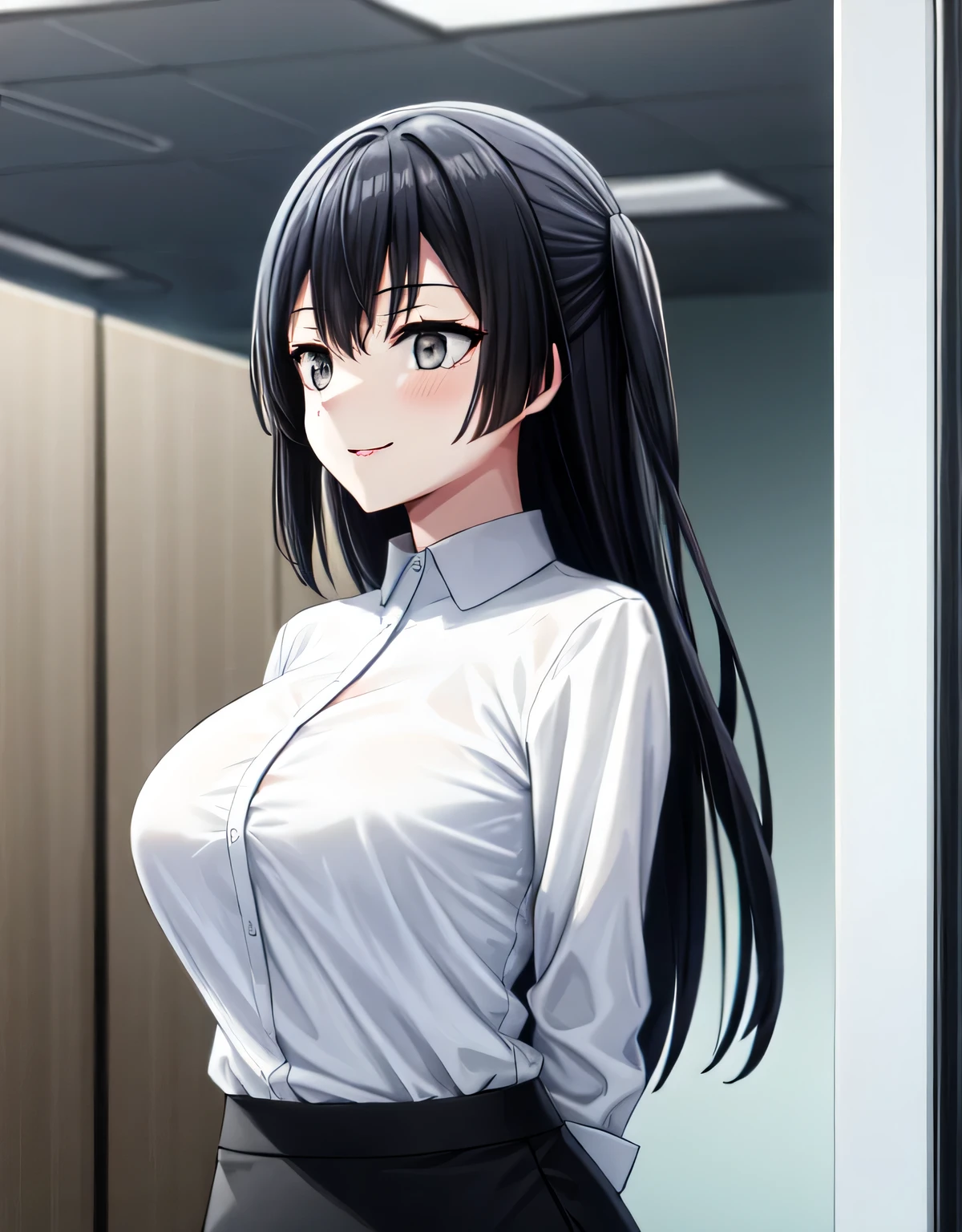 (black skirt),closed mouth,lips,blush,indoor,officeroom,office lady,smile,black business suit,black formal suit,black jacket,white shirt,setsuna yuuki,long hair,bangs,black hair,sidelocks,(grey eyes:1.3),(one side up),skirt,closed mouth,lips,blush,indoor,officeroom,office lady,smile,black business suit,black formal suit,black jacket,white shirt,indoor,(large breasts:1.55),(shiny,hair),((solo)),((masterpiece)),((best quality)),perfect anatomy,slim waist,perfect image,8k UHD,(beautiful detailed eyes:1.5),extremely detailed face,standing,(upper body:1.2),(look at the front:1.5),(arms behindback),ultra-detailed,absurdres,ultra-highres,