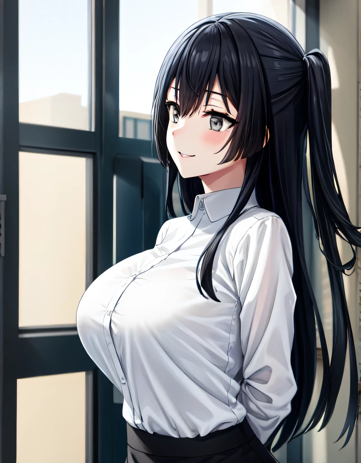 (black skirt),closed mouth,lips,blush,indoor,officeroom,office lady,smile,black business suit,black formal suit,black jacket,white shirt,setsuna yuuki,long hair,bangs,black hair,sidelocks,(grey eyes:1.3),(one side up),skirt,closed mouth,lips,blush,indoor,officeroom,office lady,smile,black business suit,black formal suit,black jacket,white shirt,indoor,(large breasts:1.55),(shiny,hair),((solo)),((masterpiece)),((best quality)),perfect anatomy,slim waist,perfect image,8k UHD,(beautiful detailed eyes:1.5),extremely detailed face,standing,(upper body:1.2),(look at the front:1.5),(arms behindback),ultra-detailed,absurdres,ultra-highres,