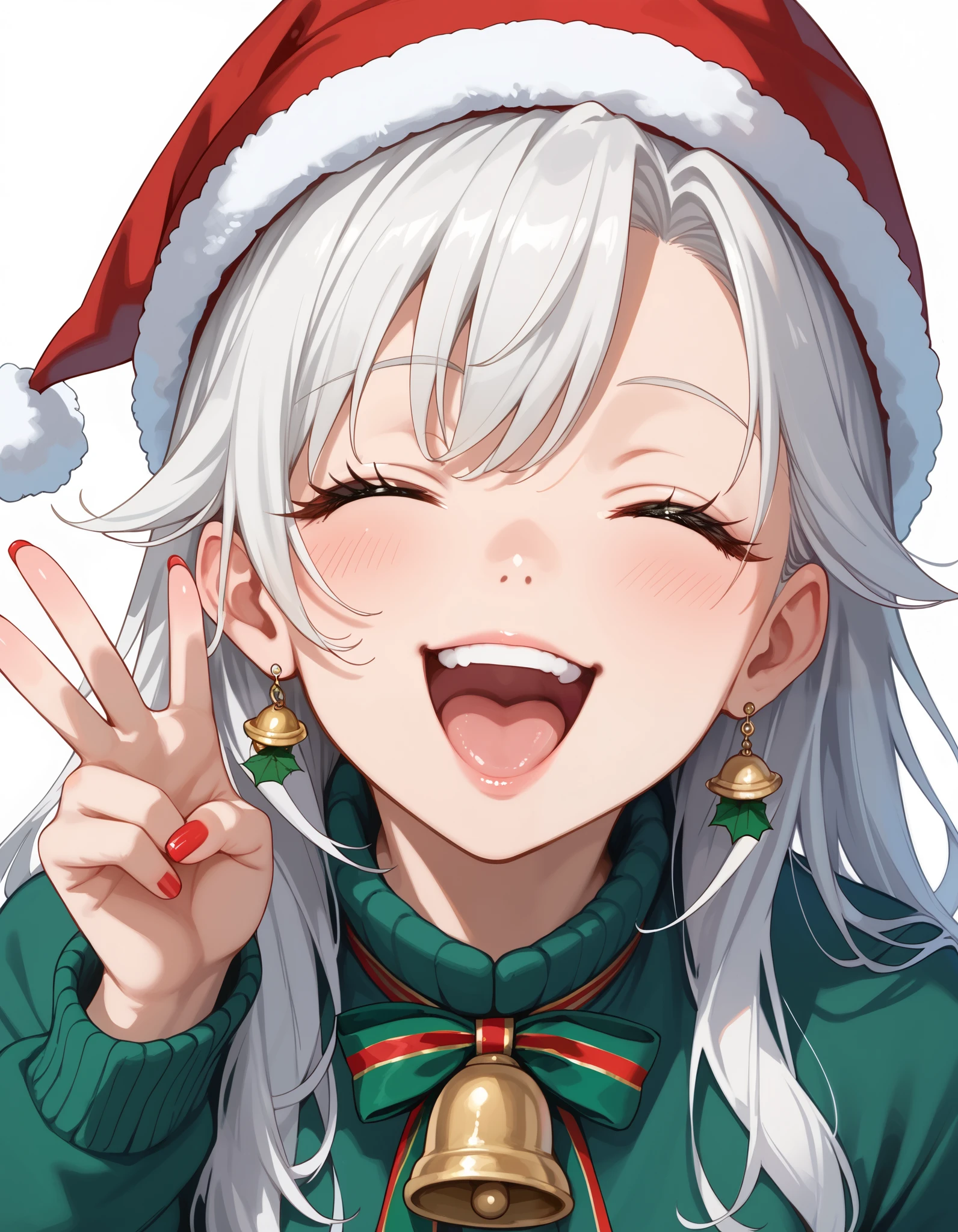 score_9, score_8_above, score_7_above, 1 , eleven, orelhas de eleven, red and green Christmas hat with bell, long loose hair , white hair, red and green Christmas clothes , eyes closed, , V sign, heart-shaped paboveils, Open mouth, happy, smile, close above, simple background , red background