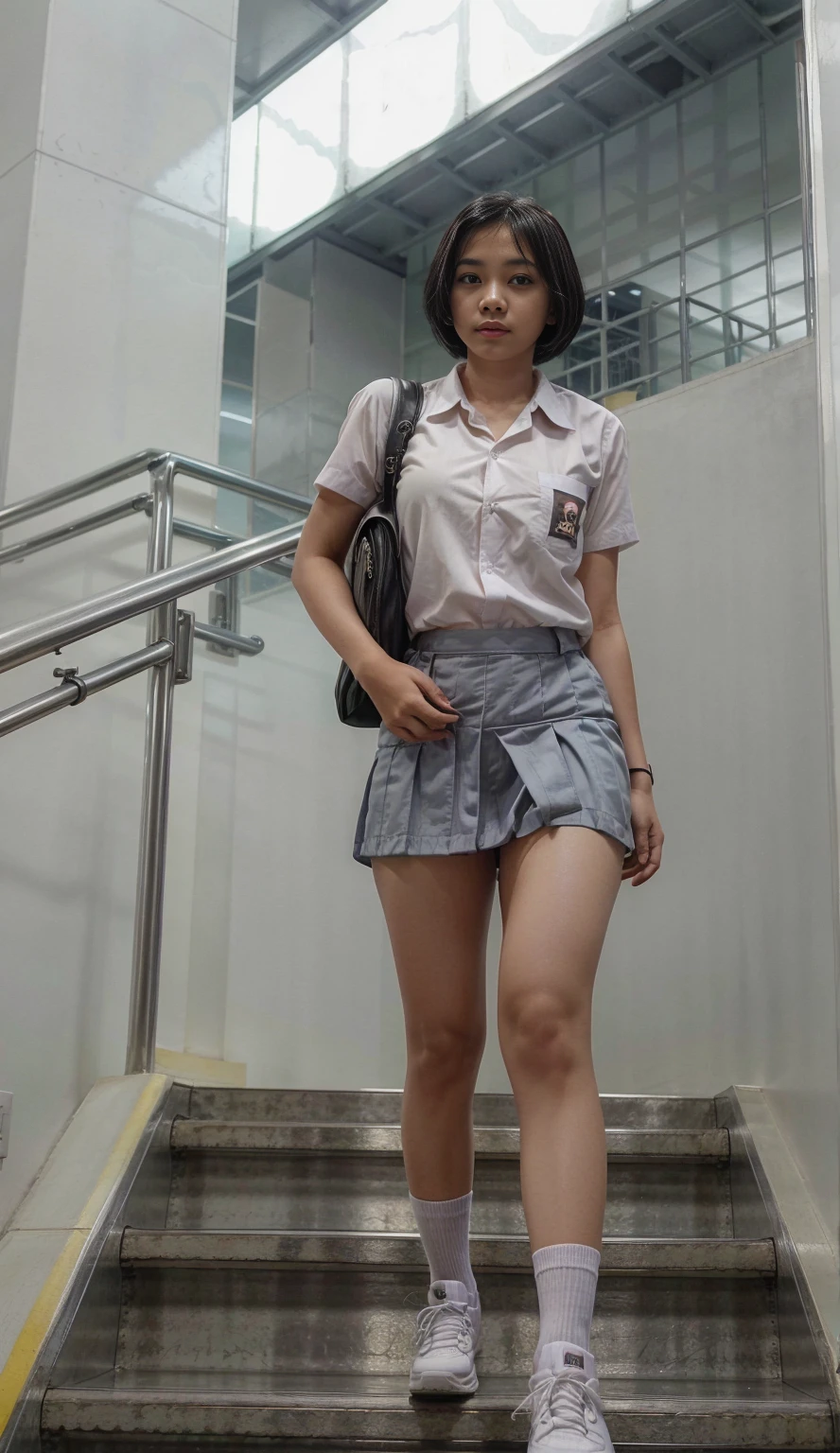 (pp clothes), (realistic), girl standing, wearing panties, view to front, view to camera, bottomless, pee stain, Indonesian face.