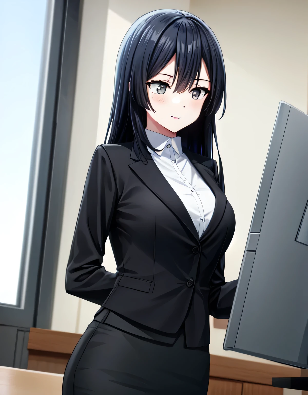 (black skirt),closed mouth,lips,blush,indoor,officeroom,office lady,smile,black business suit,black formal suit,black jacket,white shirt,setsuna yuuki,long hair,bangs,black hair,sidelocks,(grey eyes:1.3),(left one side up),skirt,closed mouth,lips,blush,indoor,officeroom,office lady,smile,black business suit,black formal suit,black jacket,white shirt,indoor,(large breasts:1.55),(shiny,hair),((solo)),((masterpiece)),((best quality)),perfect anatomy,slim waist,perfect image,8k UHD,(beautiful detailed eyes:1.5),extremely detailed face,standing,(upper body:1.2),(look at the front:1.5),(arms behindback),ultra-detailed,absurdres,ultra-highres,22 years-old,