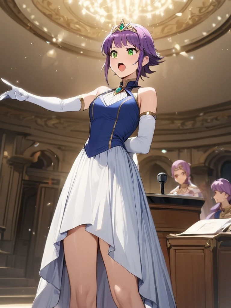 masterpiece, best quality, 1girl, feena fam earthlight, Purple hair, green eyes, tiara, brooch, blue dress, white skirt, elbow gloves, standing, podium, speaking, indoors, public, looking ahead, microphone, open mouth,