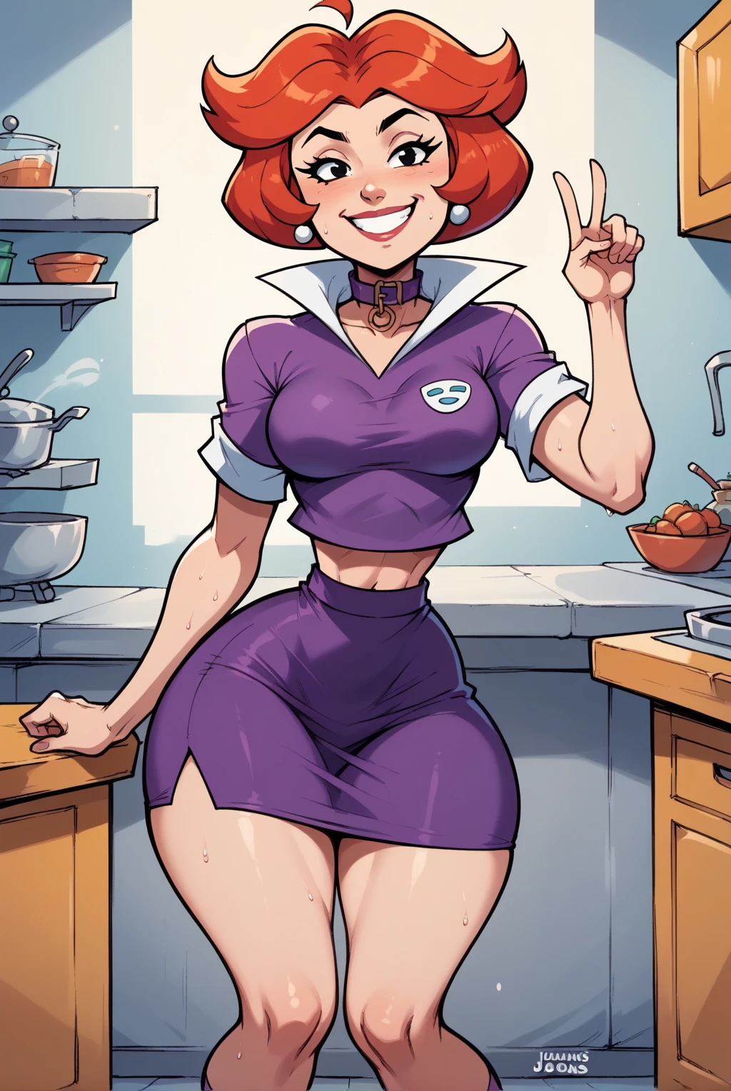 , Jane Jetson (Jetsons),smile, light skin,   short red bob hair , collar, purple one shoulder shirt and very short white mini skirt, medium breasts, dynamic pose,     wide hips  ,   thick thighs  ,    looking at the spectator ,  smile,Alone,  Show your knees , groin,  Anatomically Correct,  best quality ,  sweat drops , Jetsons' Kitchen,futurist,  golden ratio ,