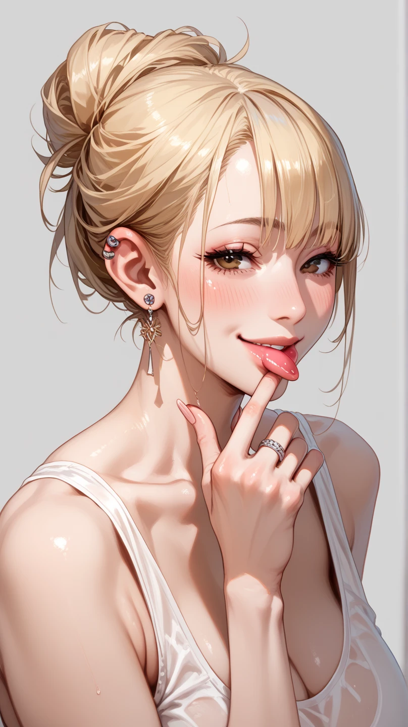 1girl, High Quality, High Resolution, Best Quality,Blonde Hair, Hair Bun, Large breasts, piercing ears, Blush, brown eyes,finger on lips, white tank, from saide, Seductive Smile,  naughty face