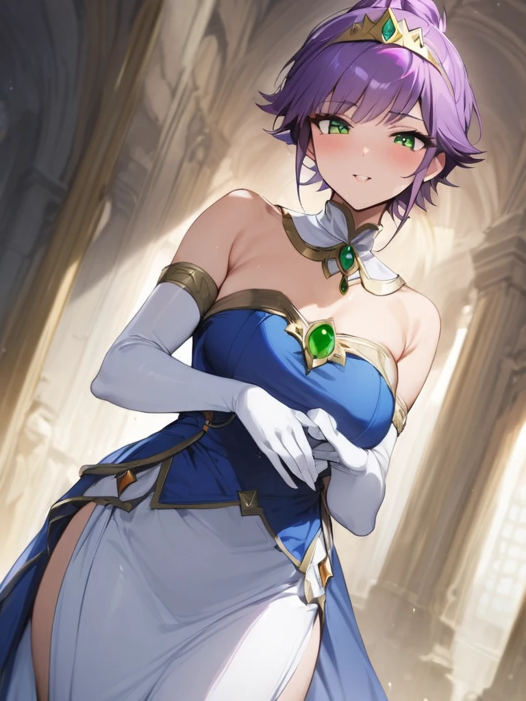 masterpiece, best quality, 1girl, feena fam earthlight, Purple hair, green eyes, tiara, brooch, blue dress, white skirt, elbow gloves,