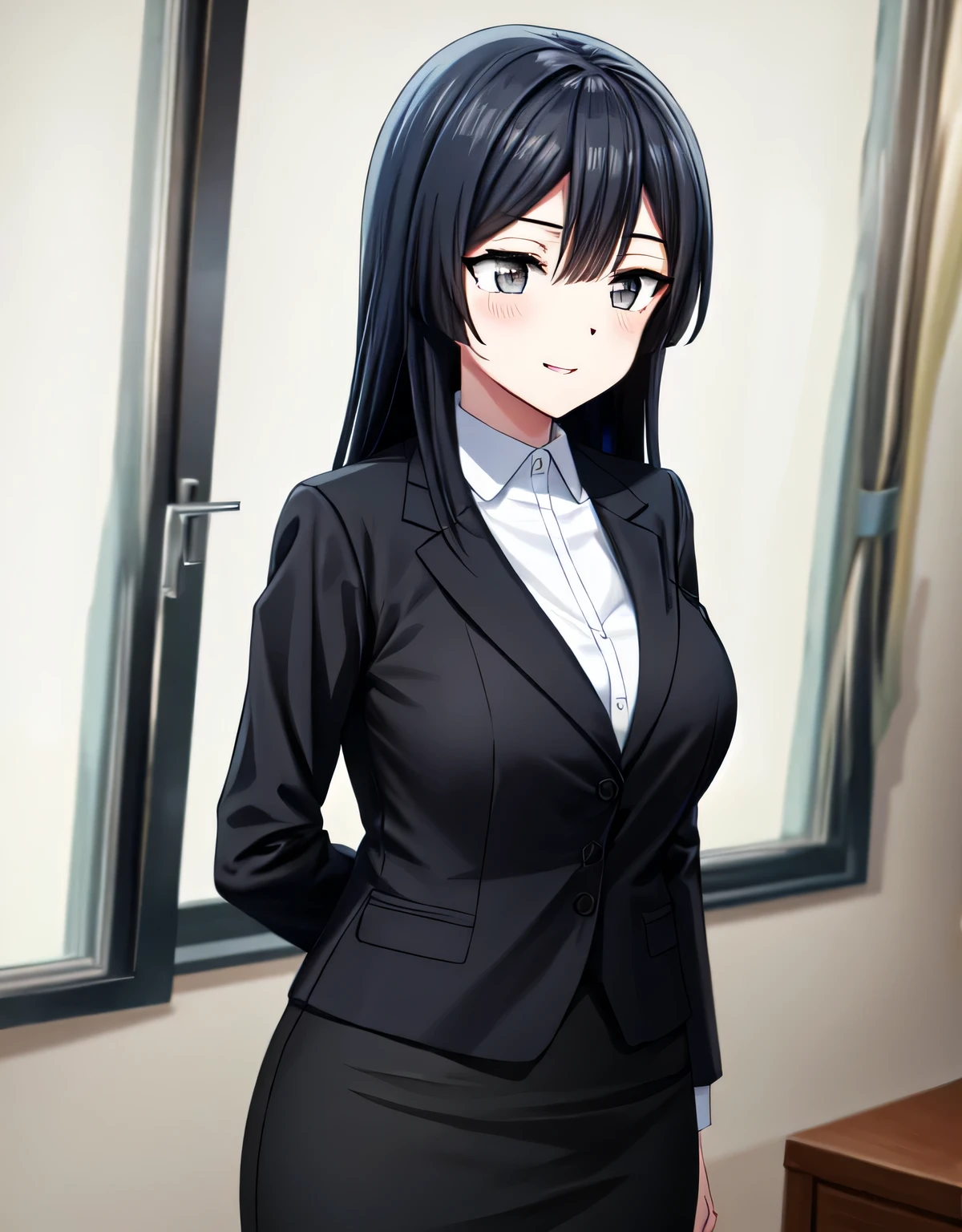 (black skirt),closed mouth,lips,blush,indoor,officeroom,office lady,smile,black business suit,black formal suit,black jacket,white shirt,setsuna yuuki,long hair,bangs,black hair,sidelocks,(grey eyes:1.3),(left one side up),skirt,closed mouth,lips,blush,indoor,officeroom,office lady,smile,black business suit,black formal suit,black jacket,white shirt,indoor,(large breasts:1.55),(shiny,hair),((solo)),((masterpiece)),((best quality)),perfect anatomy,slim waist,perfect image,8k UHD,(beautiful detailed eyes:1.5),extremely detailed face,standing,(upper body:1.2),(look at the front:1.5),(arms behindback),ultra-detailed,absurdres,ultra-highres,22 years-old,