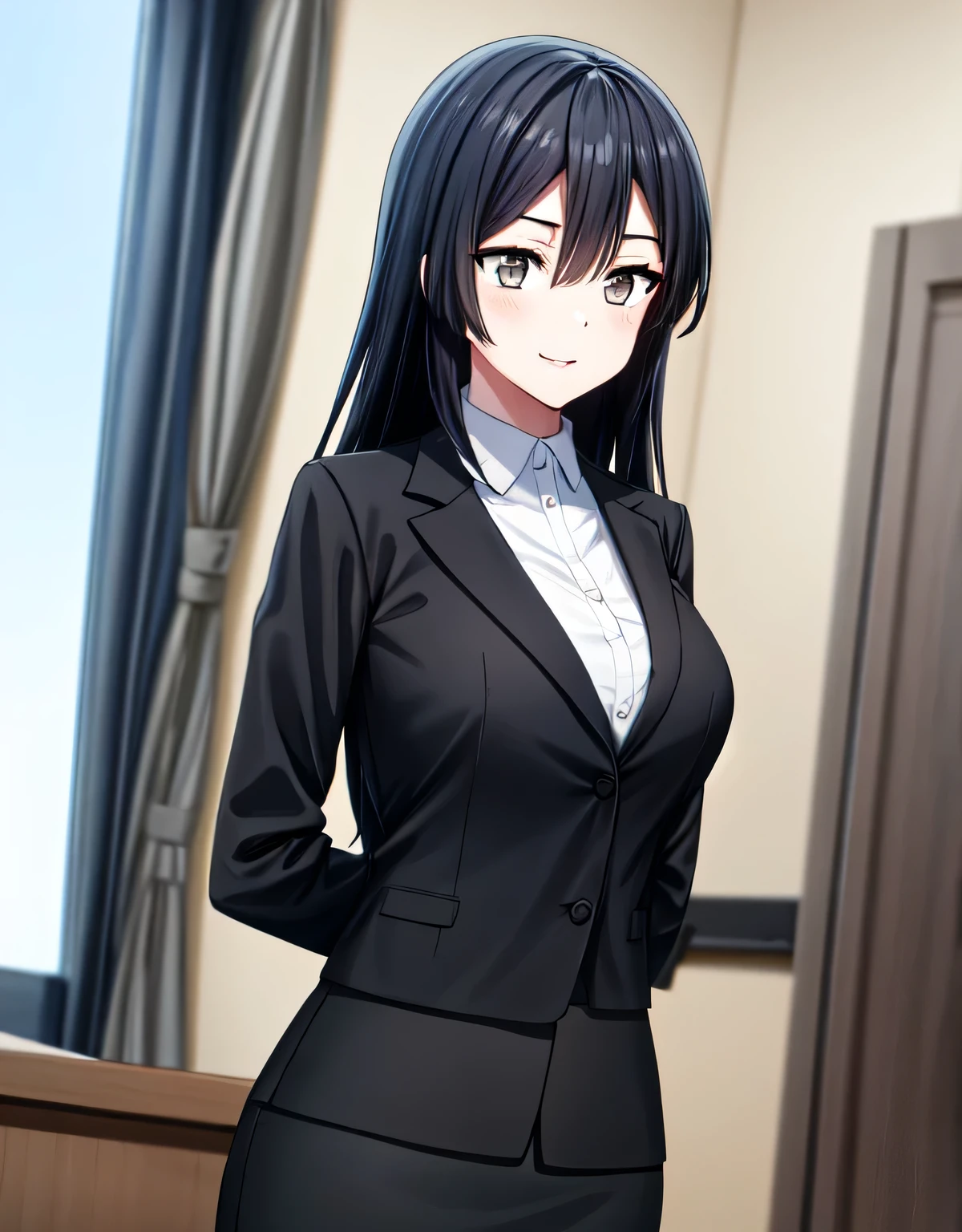 (black skirt),closed mouth,lips,blush,indoor,officeroom,office lady,smile,black business suit,black formal suit,black jacket,white shirt,setsuna yuuki,long hair,bangs,black hair,sidelocks,(grey eyes:1.3),(left one side up),skirt,closed mouth,lips,blush,indoor,officeroom,office lady,smile,black business suit,black formal suit,black jacket,white shirt,indoor,(large breasts:1.55),(shiny,hair),((solo)),((masterpiece)),((best quality)),perfect anatomy,slim waist,perfect image,8k UHD,(beautiful detailed eyes:1.5),extremely detailed face,standing,(upper body:1.2),(look at the front:1.5),(arms behindback),ultra-detailed,absurdres,ultra-highres,22 years-old,