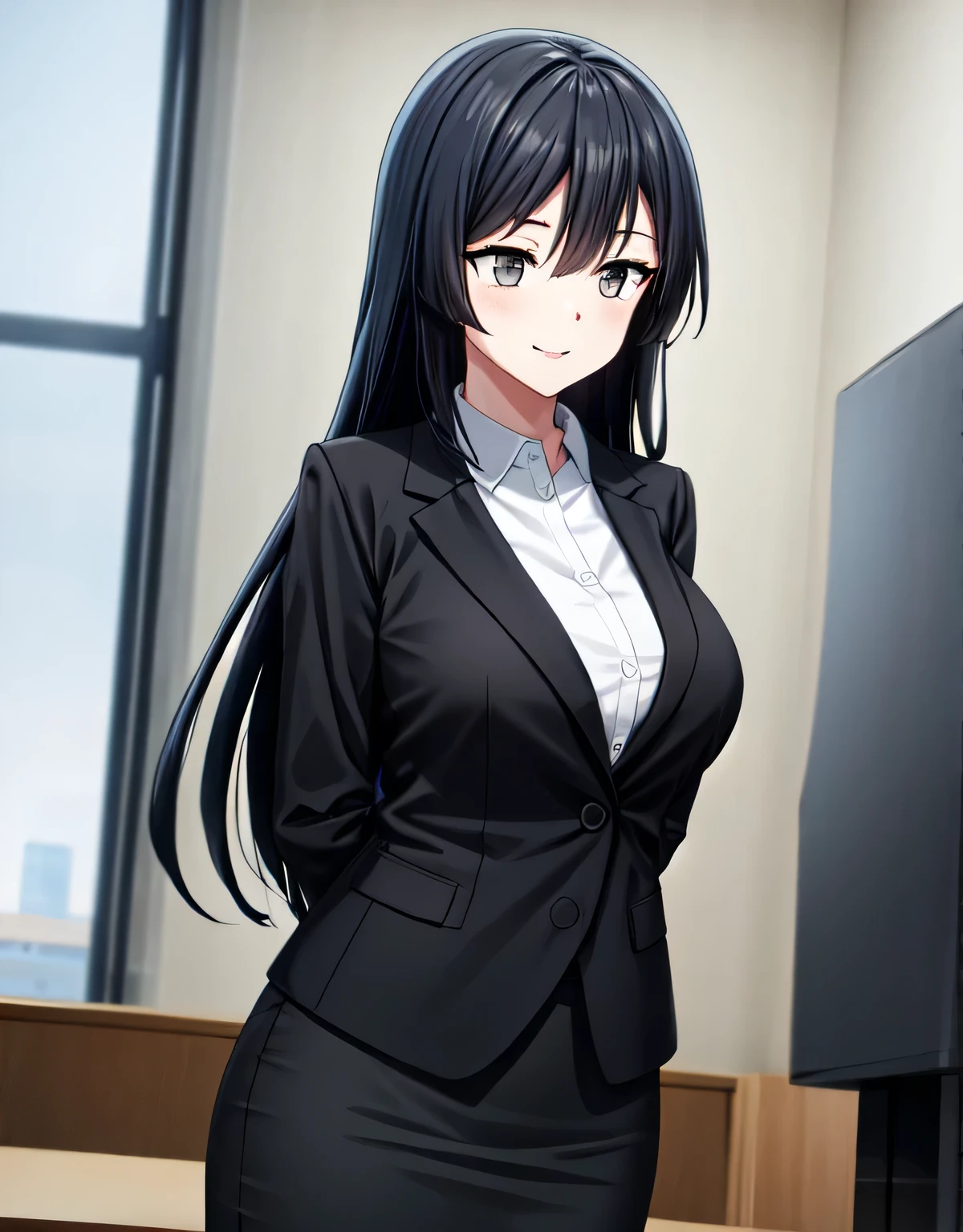 (black skirt),closed mouth,lips,blush,indoor,officeroom,office lady,smile,black business suit,black formal suit,black jacket,white shirt,setsuna yuuki,long hair,bangs,black hair,sidelocks,(grey eyes:1.3),(left one side up),skirt,closed mouth,lips,blush,indoor,officeroom,office lady,smile,black business suit,black formal suit,black jacket,white shirt,indoor,(large breasts:1.55),(shiny,hair),((solo)),((masterpiece)),((best quality)),perfect anatomy,slim waist,perfect image,8k UHD,(beautiful detailed eyes:1.5),extremely detailed face,standing,(upper body:1.2),(look at the front:1.5),(arms behindback),ultra-detailed,absurdres,ultra-highres,22 years-old,