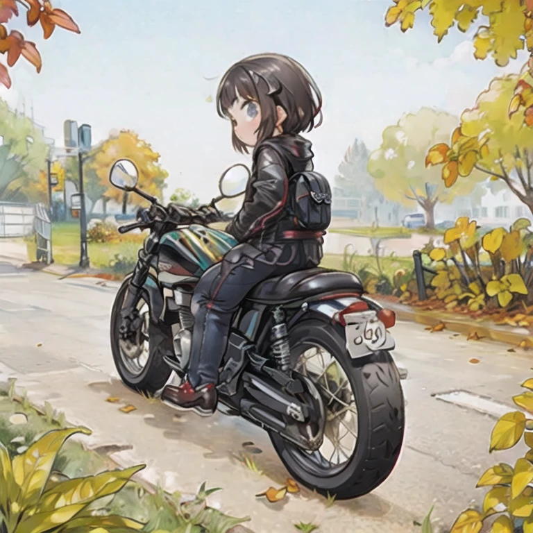 ( A masterpiece， top quality:1.2), A young girl rides a motorcycle, Alone,  Fall Leaves 　Vaginal discharge，，