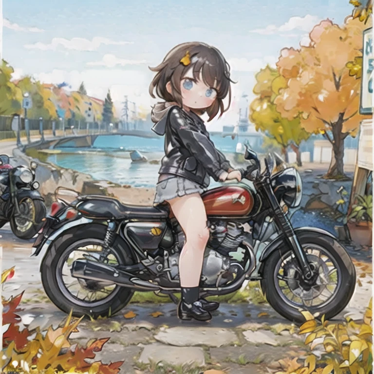 ( A masterpiece， top quality:1.2), A young girl rides a motorcycle, Alone,  Fall Leaves 　Vaginal discharge，，