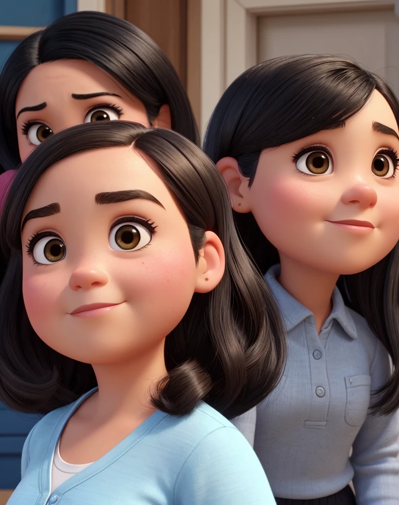  Create a 37-year-old female character Disney Pixar style, a little chubby , with very arched eyebrows thin and black ,  medium-size straight hair , medium-skinned light-skinned 