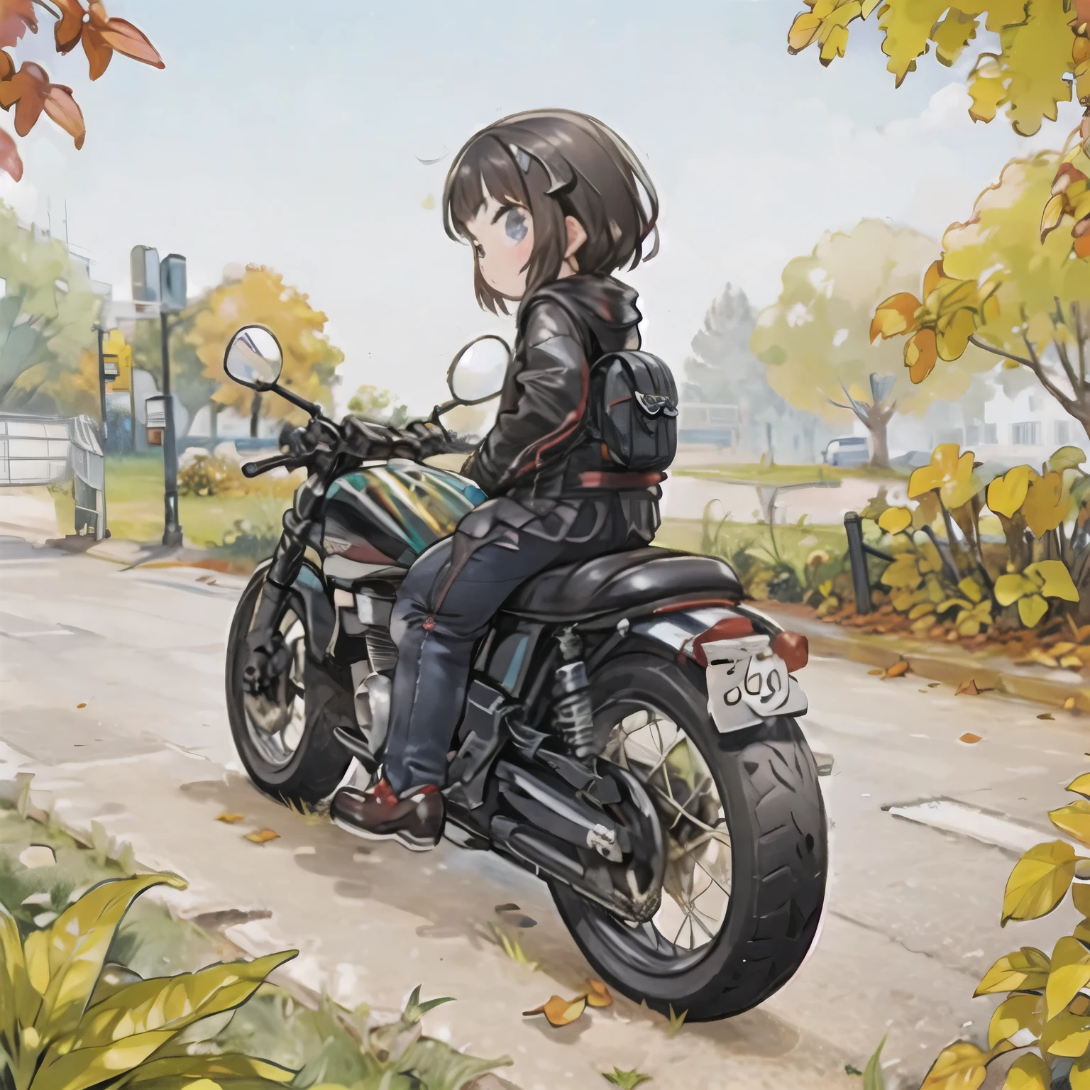 ( A masterpiece， top quality:1.2), A young girl rides a motorcycle, Alone,  Fall Leaves 　Vaginal discharge，，