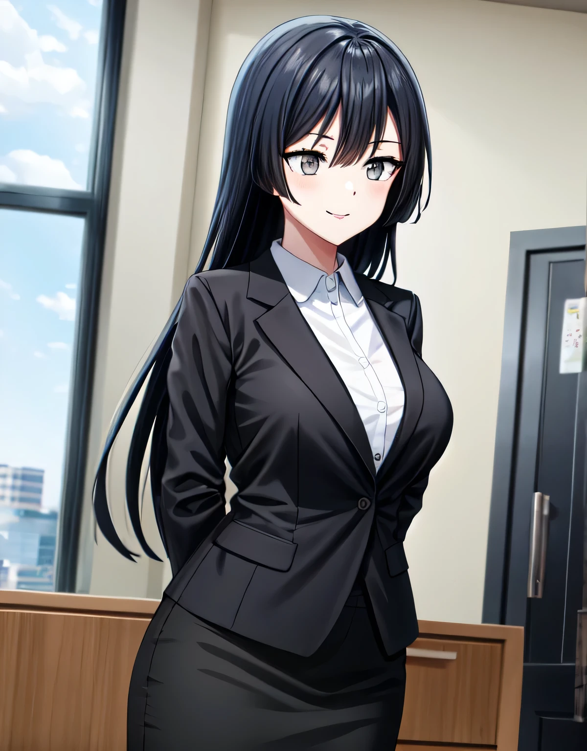 (black skirt),closed mouth,lips,blush,indoor,officeroom,office lady,smile,black business suit,black formal suit,black jacket,white shirt,setsuna yuuki,long hair,bangs,black hair,sidelocks,(grey eyes:1.3),(left one side up),skirt,closed mouth,lips,blush,indoor,officeroom,office lady,smile,black business suit,black formal suit,black jacket,white shirt,indoor,(large breasts:1.72),(shiny,hair),((solo)),((masterpiece)),((best quality)),perfect anatomy,slim waist,perfect image,8k UHD,(beautiful detailed eyes:1.5),extremely detailed face,standing,(upper body:1.2),(look at the front:1.5),(arms behindback),ultra-detailed,absurdres,ultra-highres,22 years-old,