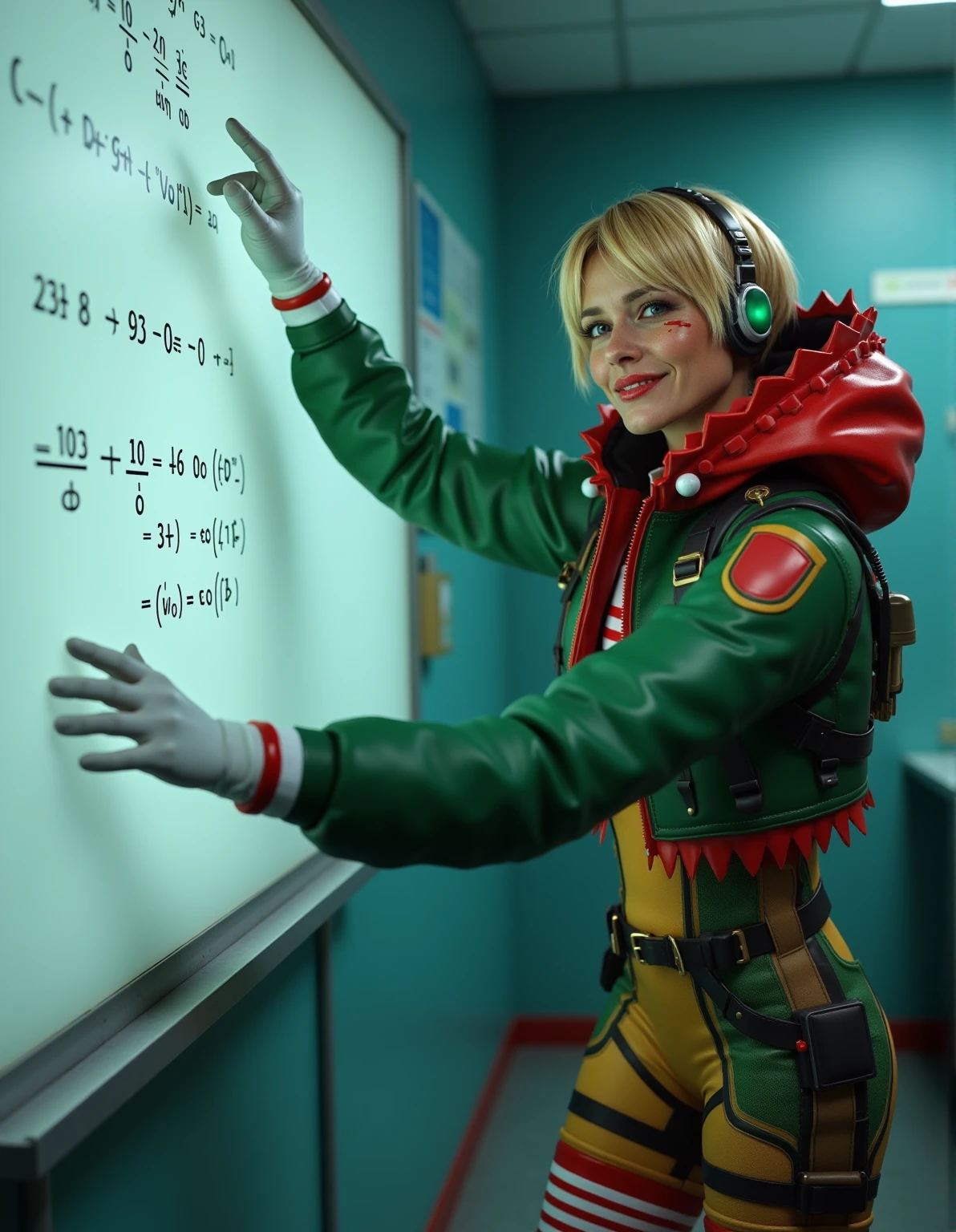 An atmospheric and bright scene,ultra photo realistic image of a pdrshk female.Hyperdetailed photograph of female teaching a class in electrical laboratory ,female is pointing at whiteboard with equations written on it,detailed skin with visible pores,radical pose,UHD,vibrant colors.pdrshk style.She is wearing white gloves,striped legwear,green footwear with red,green jacket,red and green kneepads,green headwear with red ornament,green bodysuit,red hood,red knee pad,green knee pad,belt,pouch.She has short hair,blonde hair,blue eyes,freckles,scar on her face and she is smiling.A close up photo featuring her face.  