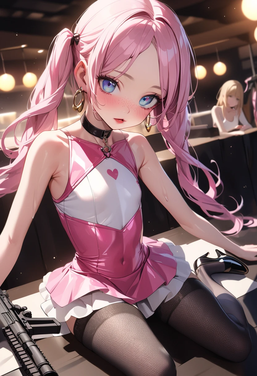 A highly detailed image of a blind box 8 inch tall PVC figurine, full-body, PVC figure, ultra detailed, (((female, anime character, magical girl figurine, flowing pink hair, magical girl outfit, flat chest, small breasts, a-cup, ultra petite body, athletic build))), dynamic pose, small figurine, figurine stand, (detailed eyes, ultra detailed eyes), sitting on top of larger computer desk, viewed from front, high angle perspective, bright light, digital art, highly detailed, fine detail, intricate, ornate, complex, octane render, unreal engine, photorealistic, 8k, 16k,