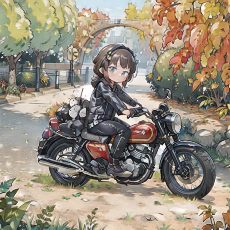 ( A masterpiece， top quality:1.2), A young girl rides a motorcycle, Alone,  Fall Leaves 　Vaginal discharge，，