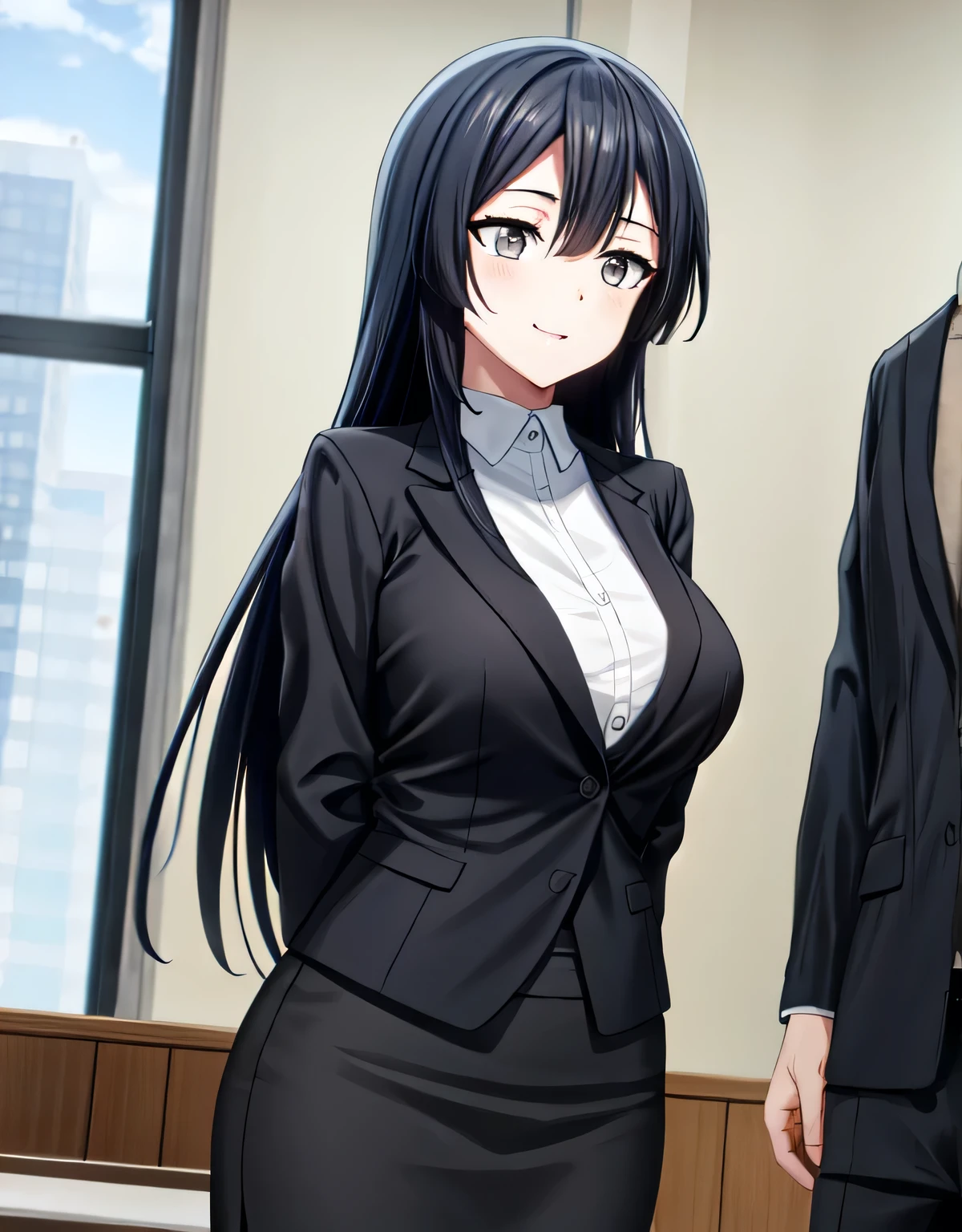 (black skirt),closed mouth,lips,blush,indoor,officeroom,office lady,smile,black business suit,black formal suit,black jacket,white shirt,setsuna yuuki,long hair,bangs,black hair,sidelocks,(grey eyes:1.3),(left one side up),skirt,closed mouth,lips,blush,indoor,officeroom,office lady,smile,black business suit,black formal suit,black jacket,white shirt,indoor,(large breasts:1.72),(shiny,hair),((solo)),((masterpiece)),((best quality)),perfect anatomy,slim waist,perfect image,8k UHD,(beautiful detailed eyes:1.5),extremely detailed face,standing,(upper body:1.2),(look at the front:1.5),(arms behindback),ultra-detailed,absurdres,ultra-highres,22 years-old,