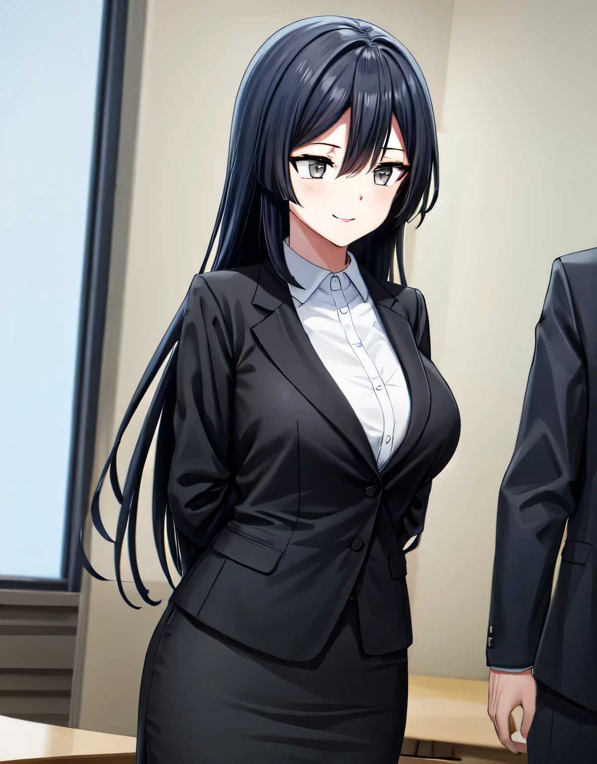 (black skirt),closed mouth,lips,blush,indoor,officeroom,office lady,smile,black business suit,black formal suit,black jacket,white shirt,setsuna yuuki,long hair,bangs,black hair,sidelocks,(grey eyes:1.3),(left one side up),skirt,closed mouth,lips,blush,indoor,officeroom,office lady,smile,black business suit,black formal suit,black jacket,white shirt,indoor,(large breasts:1.72),(shiny,hair),((solo)),((masterpiece)),((best quality)),perfect anatomy,slim waist,perfect image,8k UHD,(beautiful detailed eyes:1.5),extremely detailed face,standing,(upper body:1.2),(look at the front:1.5),(arms behindback),ultra-detailed,absurdres,ultra-highres,22 years-old,