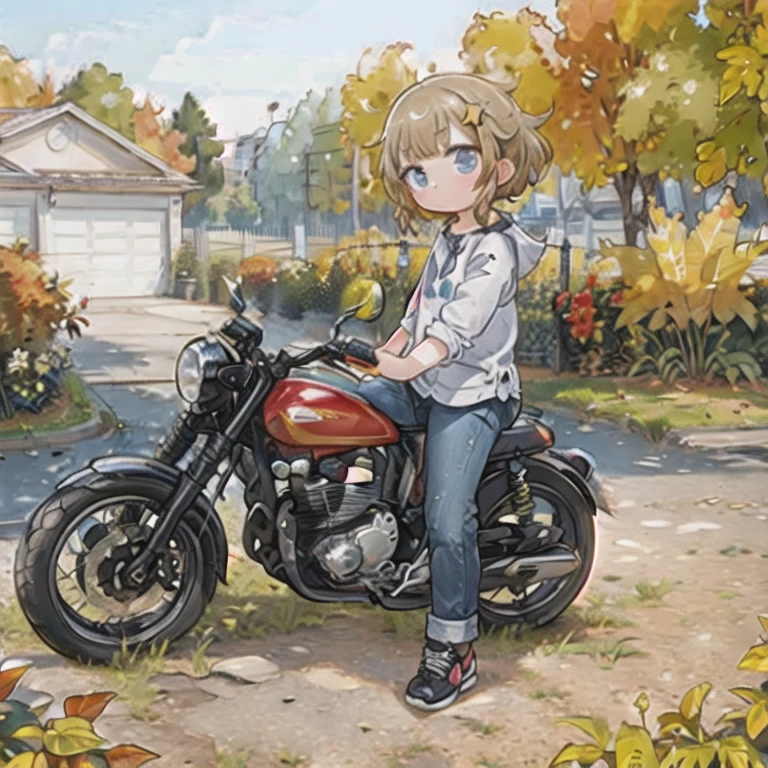 ( A masterpiece， top quality:1.2), A young girl rides a motorcycle, Alone,  Fall Leaves ，