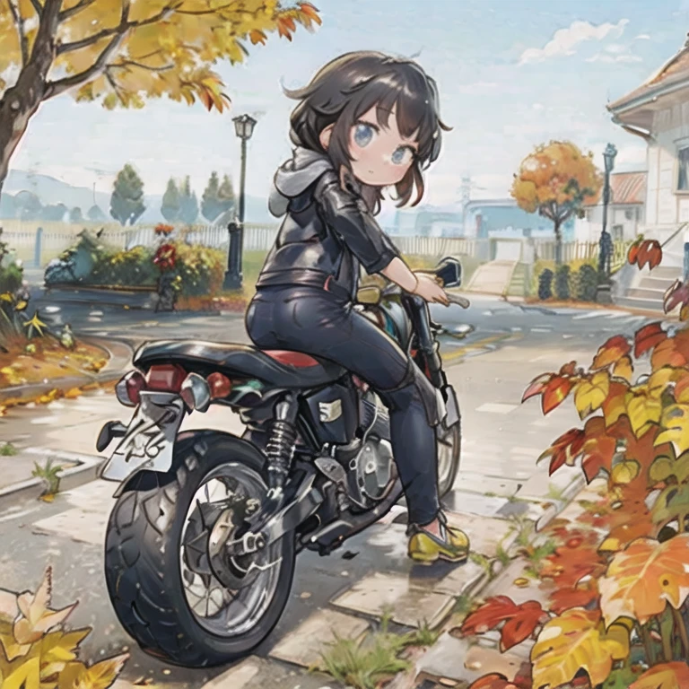 ( A masterpiece， top quality:1.2), A young girl rides a motorcycle, Alone,  Fall Leaves ，