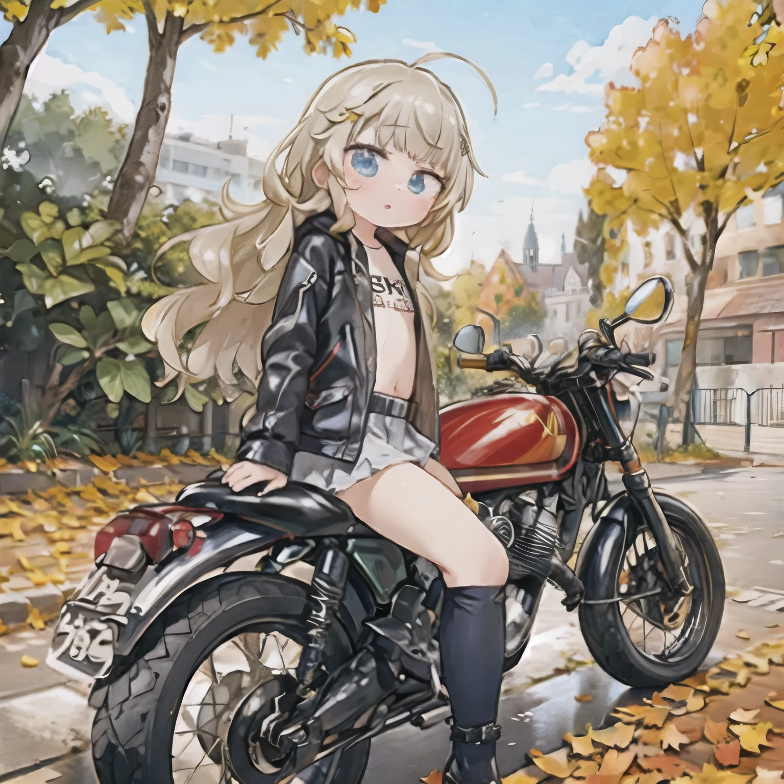 ( A masterpiece， top quality:1.2), A young girl rides a motorcycle, Alone,  Fall Leaves 　Vaginal discharge，，