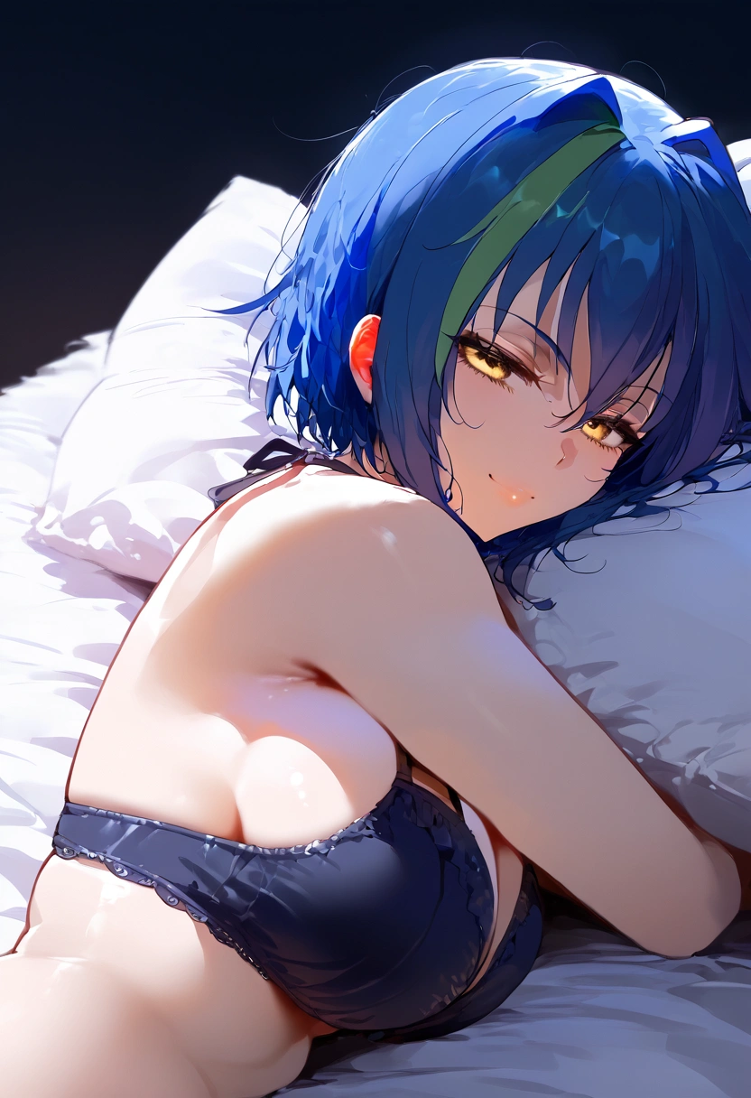 score_9, score_8_up, score_7_up, score_6_up, score_5_up, score_4_up, 1girl, xenovia quarta, short hair, blue hair, , multicolored hair, yellow eyes, green hair, two-tone hair, streaked hair,, large breasts,,,, floox style, rating_explicit, floox style, high resolution,,,  DeepNegative_xl_v1, expressiveh,, perfect anatomy,masterpiece, solo, naughty face,  lying on stomach,, back view, , foots, bra, black openwork panties, side back view