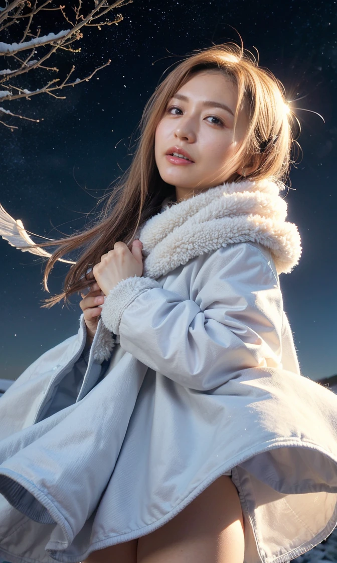 ((hair blowing in the wind、no makeup:1.2))、(realistic、Photoreal、Super detailed、best detailed skins、highest quality、masterpiece、超A high resolution)、cute russian woman、14 years、high school girl、young girl、1 girl、have bangs、ash blonde:1.7、double eyelid、drooling eyes、Japanese style face、purity、realistic skin type、thick muffler、Gray muffler、Fluffy hair、((There'hair in scarf:1.3))、red cheeks、The wind is blowing、that'It's snowing、night、illumination、Lighting from behind、hair blowing in the wind、((Southern Alps summit、A meteor shower、milky way galaxy、stare at the sky、))
