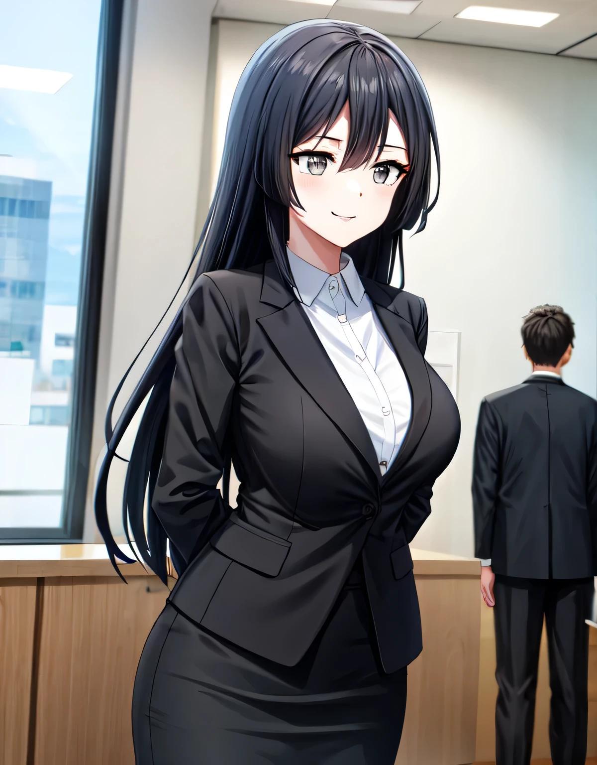 (black skirt),closed mouth,lips,blush,indoor,officeroom,office lady,smile,black business suit,black formal suit,black jacket,white shirt,setsuna yuuki,long hair,bangs,black hair,sidelocks,(grey eyes:1.3),(left one side up),skirt,closed mouth,lips,blush,indoor,officeroom,office lady,smile,black business suit,black formal suit,black jacket,white shirt,indoor,(huge breasts:1.15),(shiny,hair),((solo)),((masterpiece)),((best quality)),perfect anatomy,slim waist,perfect image,8k UHD,(beautiful detailed eyes:1.5),extremely detailed face,standing,(upper body:1.2),(look at the front:1.5),(arms behindback),ultra-detailed,absurdres,ultra-highres,22 years-old,