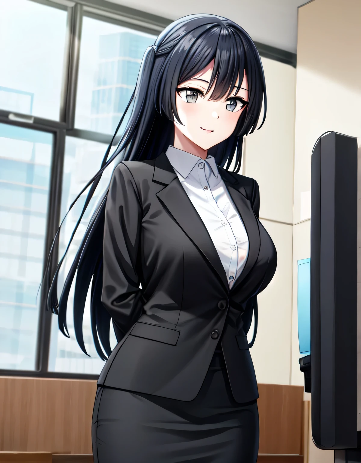 (black skirt),closed mouth,lips,blush,indoor,officeroom,office lady,smile,black business suit,black formal suit,black jacket,white shirt,setsuna yuuki,long hair,bangs,black hair,sidelocks,(grey eyes:1.3),(left one side up),skirt,closed mouth,lips,blush,indoor,officeroom,office lady,smile,black business suit,black formal suit,black jacket,white shirt,indoor,(huge breasts:1.15),(shiny,hair),((solo)),((masterpiece)),((best quality)),perfect anatomy,slim waist,perfect image,8k UHD,(beautiful detailed eyes:1.5),extremely detailed face,standing,(upper body:1.2),(look at the front:1.5),(arms behindback),ultra-detailed,absurdres,ultra-highres,22 years-old,