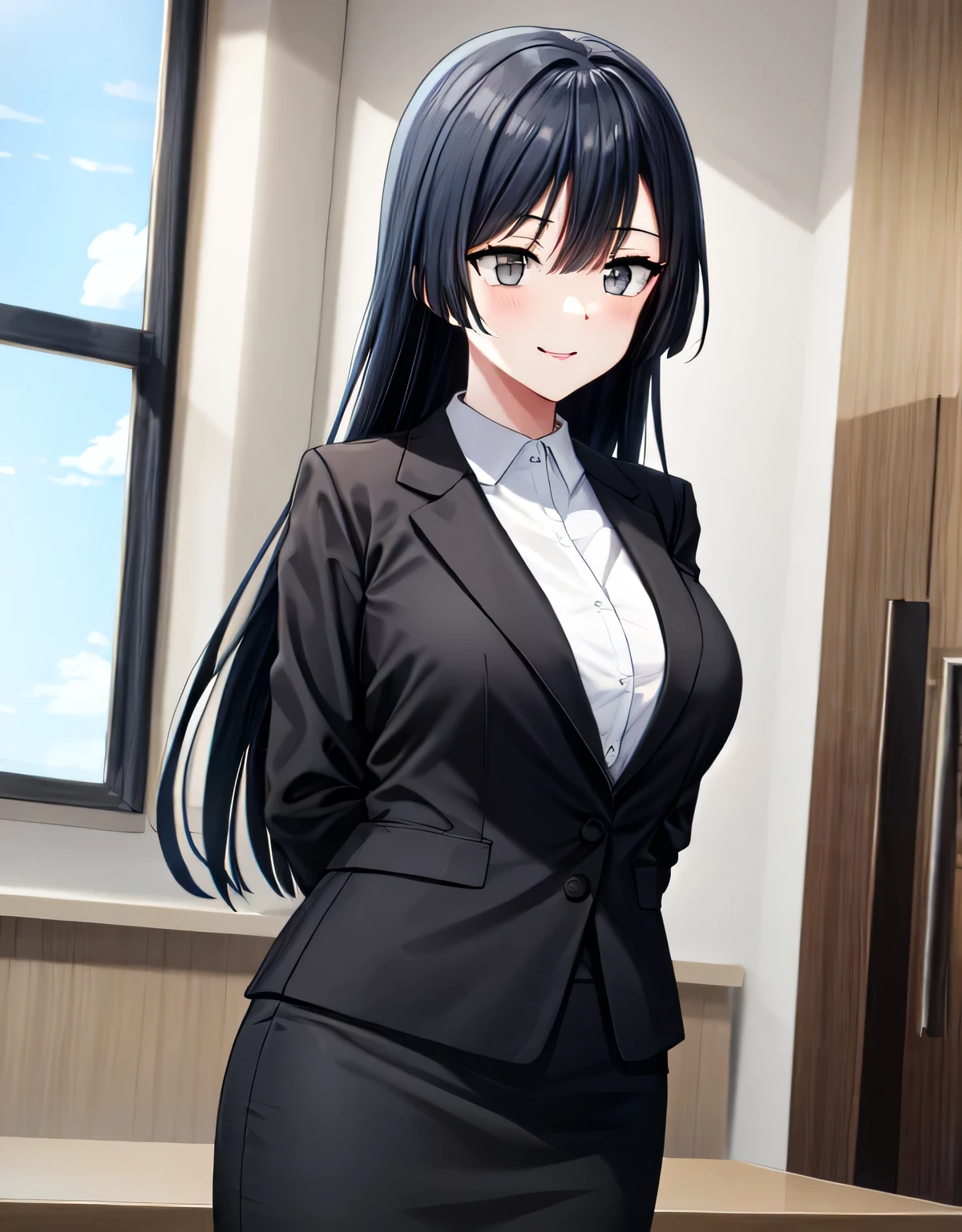 (black skirt),closed mouth,lips,blush,indoor,officeroom,office lady,smile,black business suit,black formal suit,black jacket,white shirt,setsuna yuuki,long hair,bangs,black hair,sidelocks,(grey eyes:1.3),(left one side up),skirt,closed mouth,lips,blush,indoor,officeroom,office lady,smile,black business suit,black formal suit,black jacket,white shirt,indoor,(huge breasts:1.15),(shiny,hair),((solo)),((masterpiece)),((best quality)),perfect anatomy,slim waist,perfect image,8k UHD,(beautiful detailed eyes:1.5),extremely detailed face,standing,(upper body:1.2),(look at the front:1.5),(arms behindback),ultra-detailed,absurdres,ultra-highres,22 years-old,