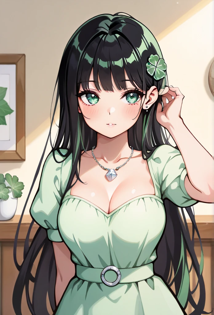 1girl, solo, masterpiece, best quality, long black hair round breasts, jelly art style, stud earrings, pencil tucked behind her ear, short mint green dress, puffy sleeves diamond necklace hair accessories