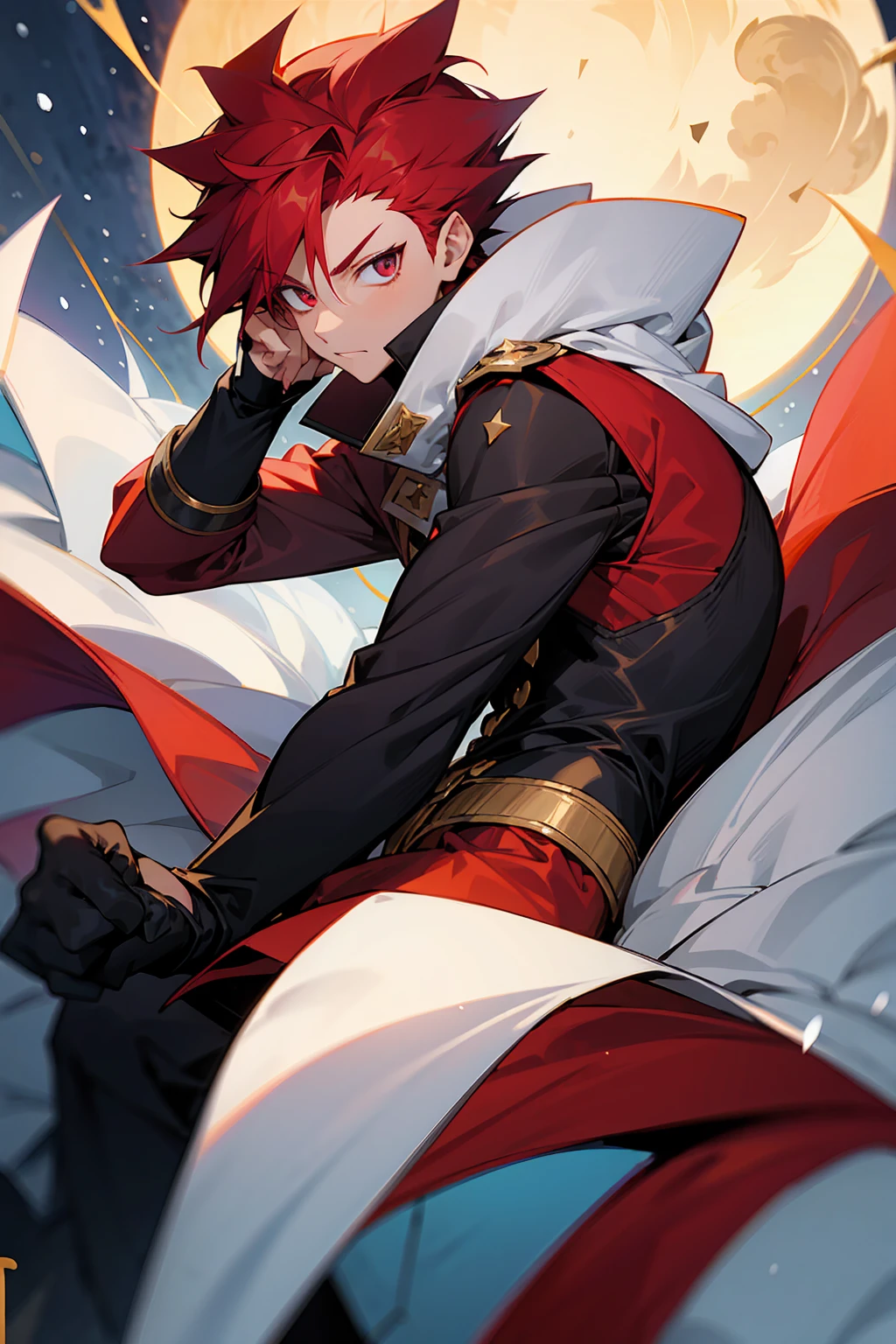 1male, Young, Spikey Hair, Crimson Hair, Gold Star Eyes, White Puffy Coat, Black Baggy Pants, Snowing, Cocky Expression, Moon