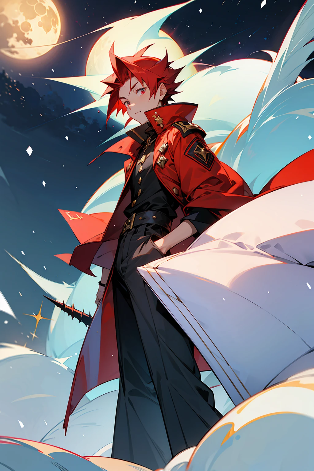 1male, Young, Spikey Hair, Crimson Hair, Gold Star Eyes, White Puffy Coat, Black Baggy Pants, Snowing, Cocky Expression, Moon