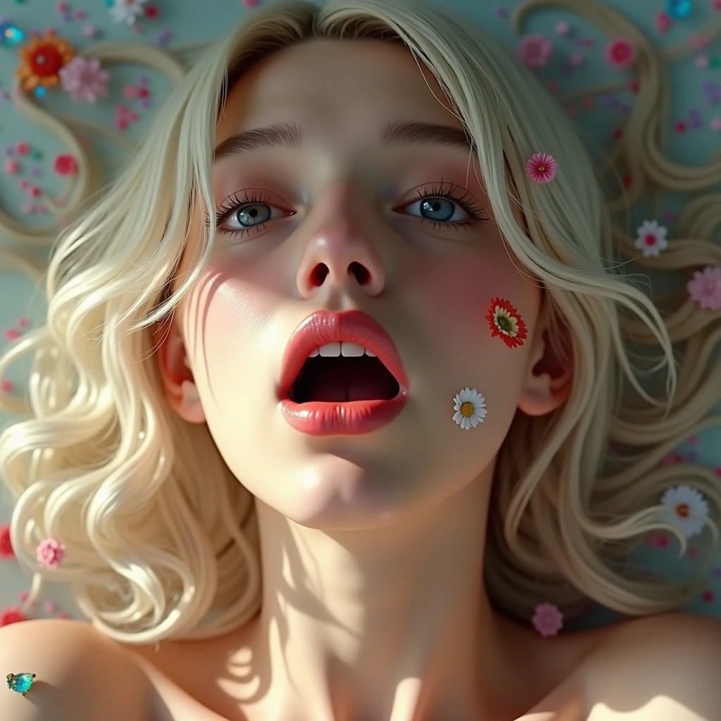 (tongue out, colorful flowers filled in studio gray background, White lace clothes, Glossy Red lips, best quality,ultra-detailed,physically-based rendering:1.2), realistic,portrait, A beautiful young woman with mesmerizing eyes,delicate facial features . ((tongue playfully licking, close-up shot of sensual lips)),subtle blush on cheeks,sensual and sophisticated, alluring gaze. full of flowers covering girl's body, (extra fingers:-0.9, not Detailed finger:-0.9),glistening ivory skin, Overflowing boobs, Gigantic Cleavage, ((nipple:-0.9)) . Whole Body proportions and all limbs are anatomically accurate .