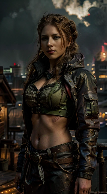 tmasterpiece,Best quality,A high resolution,8K,(Portrait photograph:1.5),(ROriginal photo),real photograph,digital photography,(Combination of cyberpunk and fantasy style),(Female soldier),20 year old girl,random hair style,By bangs,(Red eyeigchest, accessories,Redlip,(He frowned,Sneer),(Cyberpunk combined with fantasy style clothing,Openwork design,joint armor,police uniforms,Racing Girl Coat),exposing your navel,Photo pose,Realisticstyle,Thunder and lightning on rainy day,(Thunder magic),oc render reflection texture, sweat wetlook abs