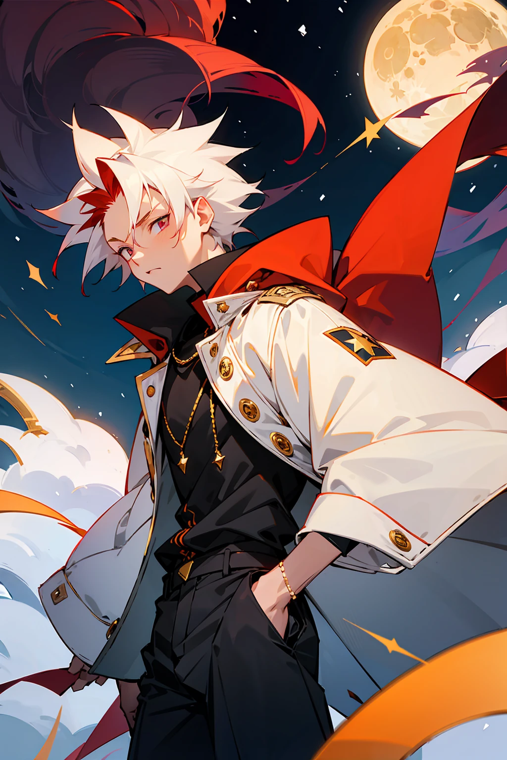 1male, Young, Spikey Hair, Crimson Hair, Gold Star Eyes, White Puffy Coat, Black Baggy Pants, Snowing, Cocky Expression, Moon