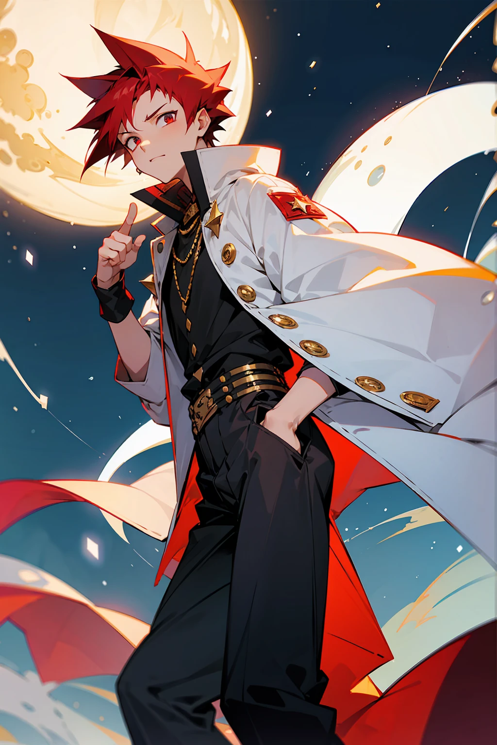 1male, Young, Spikey Hair, Crimson Hair, Gold Star Eyes, White Puffy Coat, Black Baggy Pants, Snowing, Cocky Expression, Moon