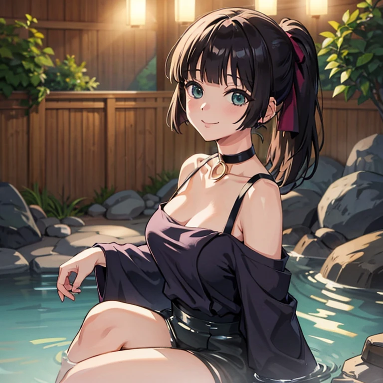 pa-san,blunt bangs,choker,pony tail,cleavege, onsen ,light smile