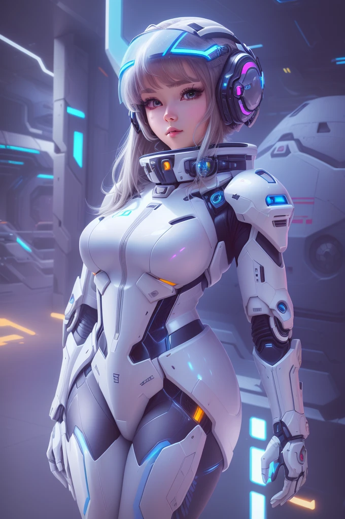 A beautiful anime girl in a sexy futuristic mecha suit with the quality of a surrealist masterpiece. She has a delicate angelic face and devilish curves that shine in realistic lighting, just like a Canon 5D movie.
