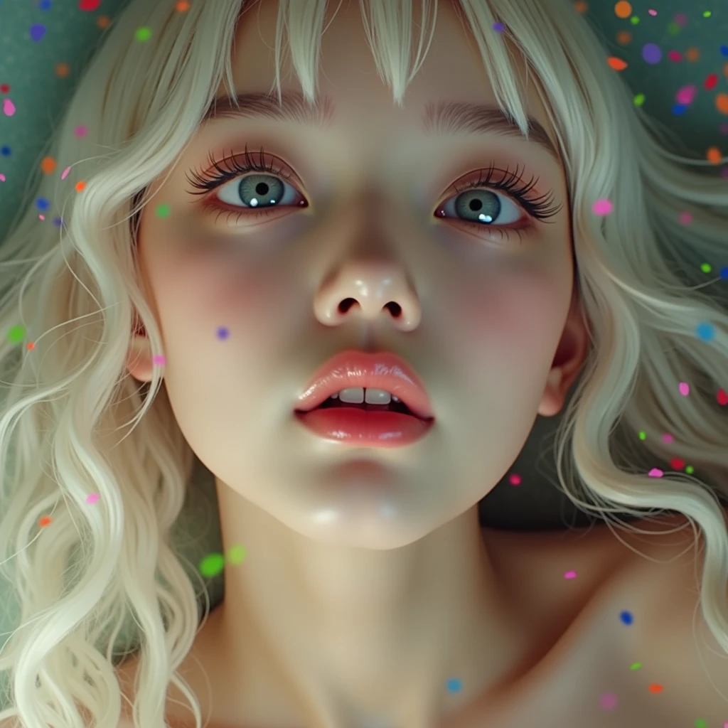 NSFW, 8k, High-level, absurd, masterpiece, best quality, primitive, very detailed CG, very detailed wallpaper, perfect lighting, Extremely detailed (((The personifying "Marilyn Monroe" as a TinyGirl))), MysticSight, Tyndall effect, Tyndall scattering, (Studio gray background with (many Dazzling RainbowColor particles BokeH)), (RoundlyButts, ThighGap), (Exposed:-0.9), (Assfocus with looking ahead), BREAK (NOGIZAKA face variations)  Extremely Detailed very KAWAII face variations, perfect anatomy, Childish, captivating gaze, elaborate detailed Eyes with (sparkling highlights:1.28), long eyelashes、Glossy RED Lips with beautiful details, Coquettish tongue, Rosy cheeks, Radiant PearlSkin with clear transparency . { (Dynamic LifeLike expressions:1.4) | :d) }, (large eyes:-1) .