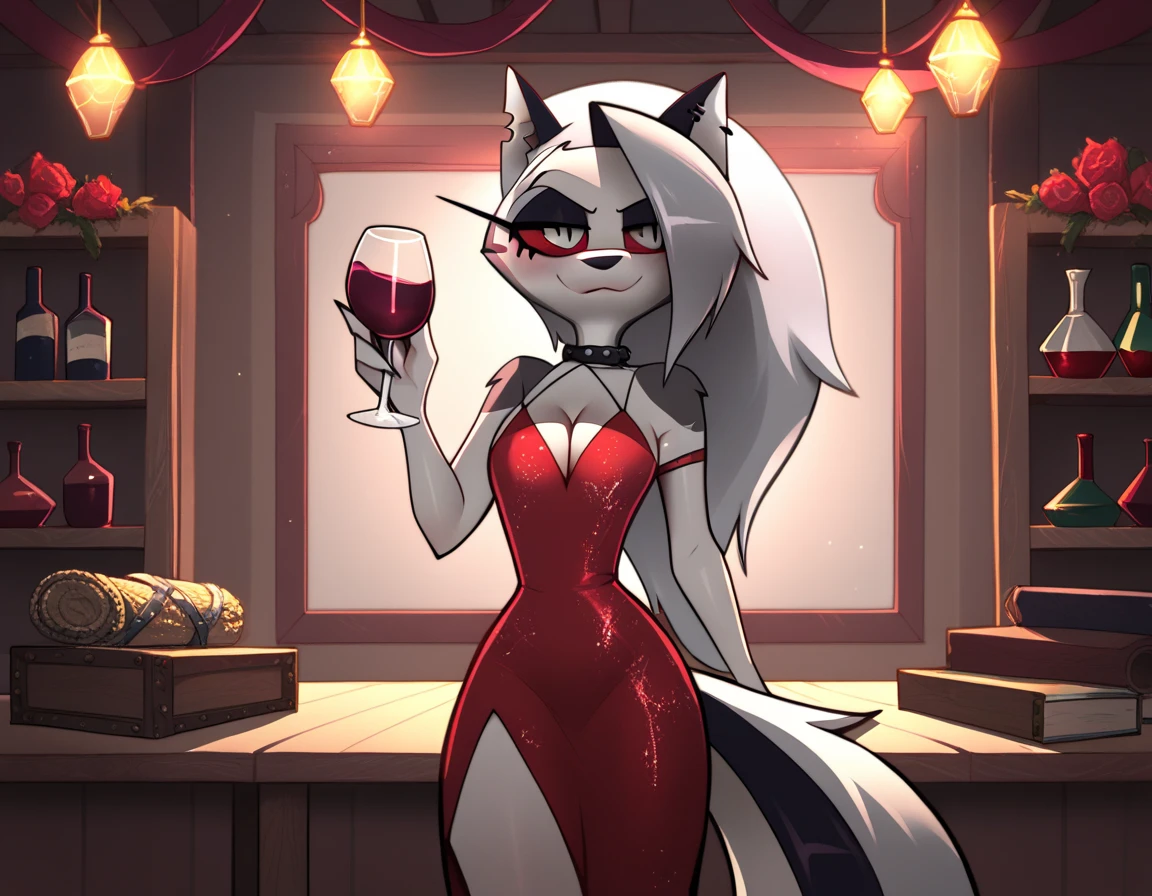 Loona (Helluva Boss), hellhound, red sclera, styled as a refined sommelier, wearing an elegant deep burgundy dress with a slit, paired with gold accessories and subtle makeup that enhances her striking features. She is holding a crystal wine glass filled with a rich, deep red wine, swirling it gracefully as she stands in a luxurious wine cellar. The background features rows of wooden barrels and shelves lined with fine wine bottles, illuminated by warm, atmospheric lighting. Her expression is poised yet flirtatious, with a hint of mystery. Masterpiece, highly detailed, cinematic lighting, vibrant colors, smooth textures.