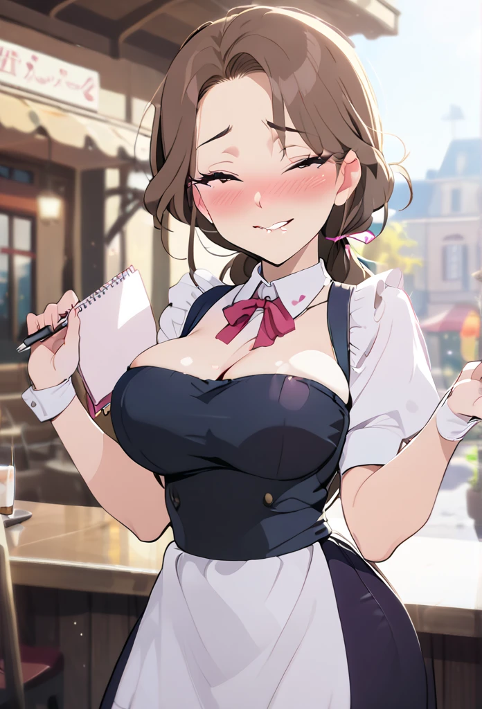 1girl, solo, masterpiece, best quality, (anime art style:1.0), blushing, round breasts, long brown hair, waitress outfit, black apron, low ponytail, smiling, writing in a tiny notebook, restaurant background/landscape, beautiful woman, Blushing, Biting lip