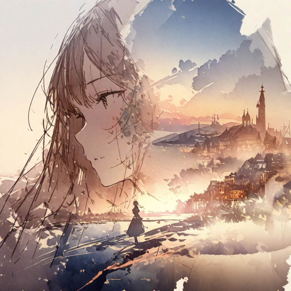 ((sketch:1.5)), ((watercolor:1)), Double Exposure of a Beautiful and Delicate Woman (The face is clear and perfect)image，Background、 perfect super detailed victorian landscape , beautiful, beautiful笑顔, complicated illustration,  artwork concept artwork, break,( less is not a problem 、Unfairness is an issue ),