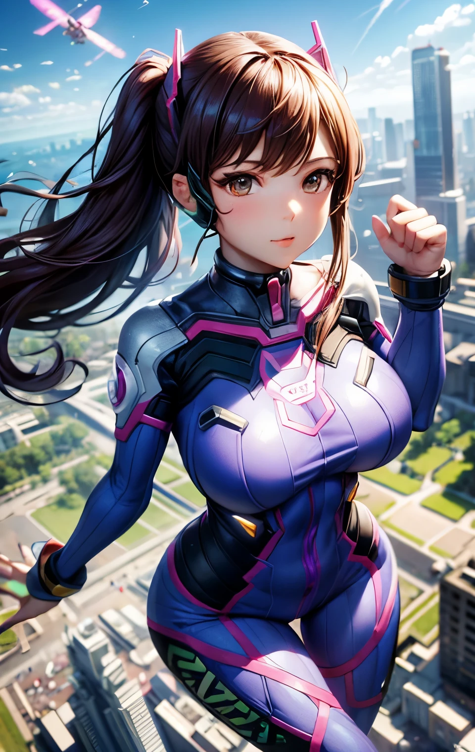 Dva from overwatch is Flight over the city in her sexy skintight purple jumpsuit.  Although she only learned to fly recently , le encanta y Now pasa la mayor parte del tiempo en el aire. She is attractive and sexy ,  she also has big breasts that help her fly . Now,  flirtatiously shows her power levitating over the city . indefinite, indefinite, indefinite, floating gently,  levitation , Flight