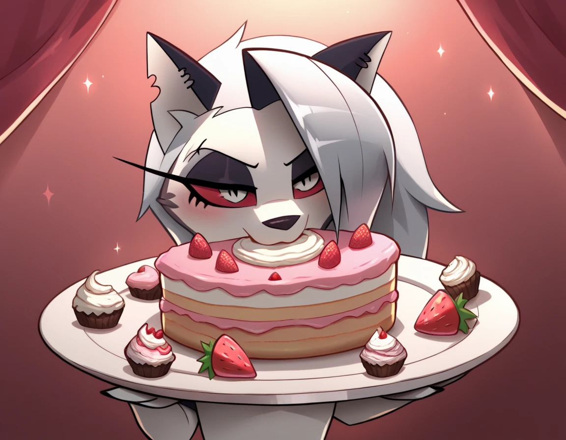 Loona (Helluva Boss), hellhound, red sclera, styled as an elegant pâtissière, wearing a tailored chef's coat in pastel pink, decorated with white piping and a small embroidered cupcake logo. She holds a delicate glass plate with a towering strawberry shortcake, topped with whipped cream and fresh strawberries. Her expression is proud and slightly mischievous. The background features a bright and charming bakery, with cakes, macarons, and pastries neatly displayed in glass cases, and soft natural light streaming in through the windows. Masterpiece, highly detailed, cinematic lighting, vibrant colors, smooth textures.